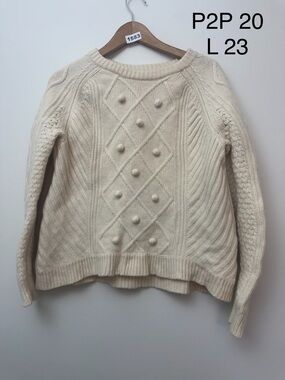 J.Crew Ivory 100% Wool Bobble Cable Knit Sweater | Cottagecore Preppy